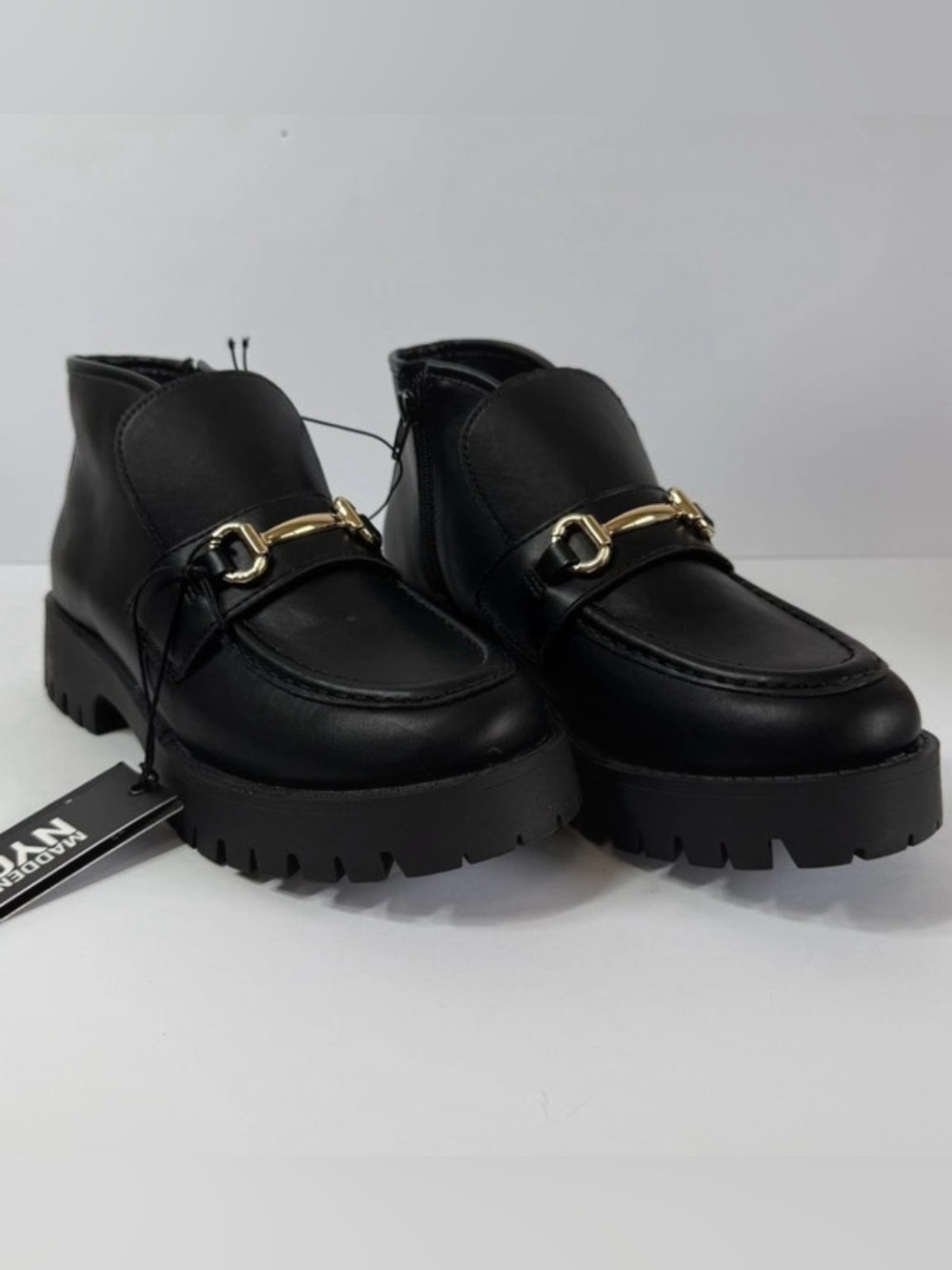 Madden NYC Black Leather Chunky Loafers Booties with Gold HorseBit Accent